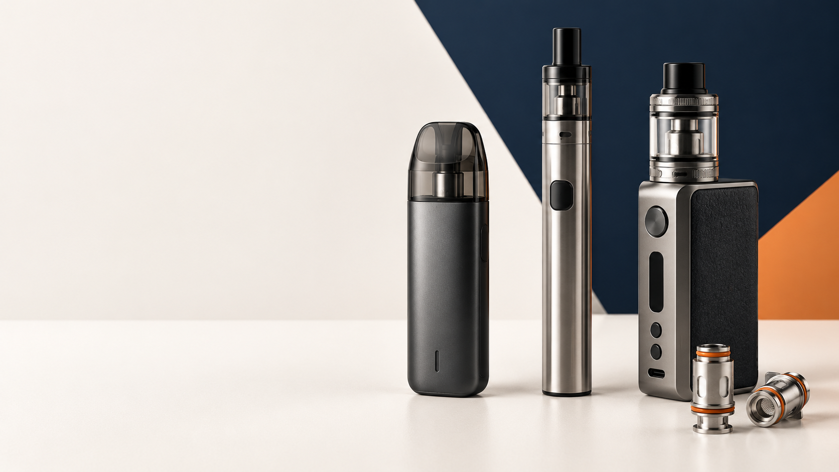 A neutral studio arrangement of refillable electronic cigarette devices and replacement coils